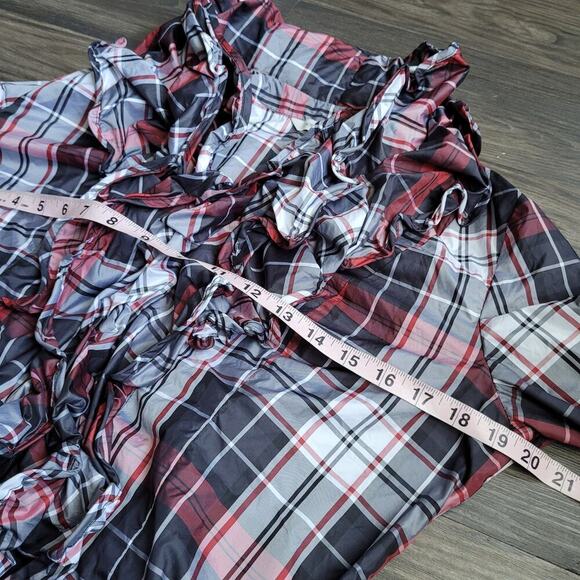 Boston Proper Womens Taffeta Tartan Ruffle Full Zip Blouse 12 Plaid Multi Corset - Picture 7 of 9
